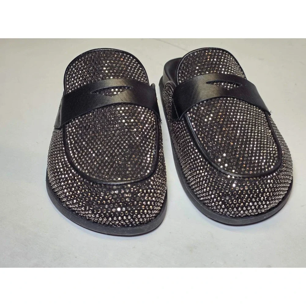 Schutz Ava Women's Shoes Size 7 B Black Leather Mule Metallic Slip‎ On Slides